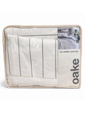 Oake Full/Queen Size Duvet Cover and Pillowcases Pillow Shams Set Striped Ivory